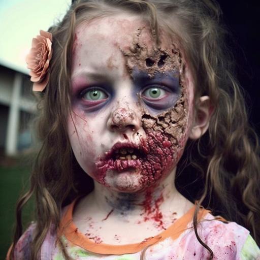 A zombie 8 year old girl, radiation burns, balding, decomposing rotting tissue in open sores, oozing face boils, hideous, peeling, skin, rot, decay, wearing smeared lipstick   eye shadow   mascara   blush   false eyelashes, feminine, preternaturally developed, freakishly deformed, mutant, face completely covered with scabs   hives   boils   radiation burns   lichenification   excoriation   abscesses   blisters   cysts   papules   macules   plaques   pustules   scales   scars, extreme detail, photorealistic, octane renderer, arnold renderer, layers of scabs   hives   boils   radiation burns   lichenification   excoriation   abscesses   blisters   cysts   papules   macules   plaques   pustules   scales   scarsdying, wither, frail, lifeless, terrifying, disgusting, dangerous, furious, predatory, unsettling, menacing, photorealistic, extremely high detail, realism, cinematic, horror movie lighting, glistening, nauseating, hypermaximalist, insanely detailed and intricate, octane render, unreal engine, 8k, zombie, dead, halloween, spooky, creepy, dark colors, dark, evil, undead, plague, skeletal, bone, grotesque, desiccated, macabre, real, photorealism, the scariest thing known, torn skin, horror, psychotic, uneasy, creepy --v 4 --q 2