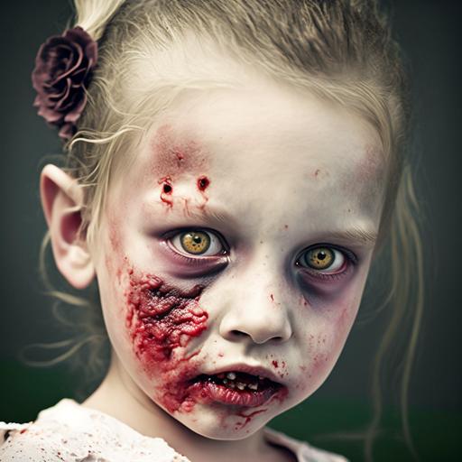 A zombie 8 year old girl, radiation burns, balding, decomposing rotting tissue in open sores, oozing face boils, hideous, peeling, skin, rot, decay, wearing smeared lipstick   eye shadow   mascara   blush   false eyelashes, feminine, preternaturally developed, freakishly deformed, mutant, face completely covered with scabs   hives   boils   radiation burns   lichenification   excoriation   abscesses   blisters   cysts   papules   macules   plaques   pustules   scales   scars, extreme detail, photorealistic, octane renderer, arnold renderer, layers of scabs   hives   boils   radiation burns   lichenification   excoriation   abscesses   blisters   cysts   papules   macules   plaques   pustules   scales   scarsdying, wither, frail, lifeless, terrifying, disgusting, dangerous, furious, predatory, unsettling, menacing, photorealistic, extremely high detail, realism, cinematic, horror movie lighting, glistening, nauseating, hypermaximalist, insanely detailed and intricate, octane render, unreal engine, 8k, zombie, dead, halloween, spooky, creepy, dark colors, dark, evil, undead, plague, skeletal, bone, grotesque, desiccated, macabre, real, photorealism, the scariest thing known, torn skin, horror, psychotic, uneasy, creepy --v 4 --q 2