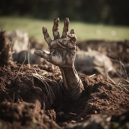 A zombie hand coming out of the ground in a cementery