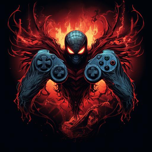 A zombie with wings flying through the air. logo. ps5 controller. spiderman