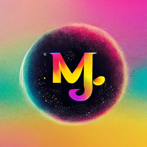 MJ logo, ligature, psychedelic galaxy font, CMYK, 2D, graphic design, flat, clean