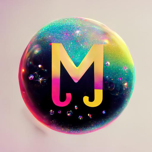 MJ logo, ligature, psychedelic space bubble font, sparkly, CMYK, 2D, graphic design, flat, clean