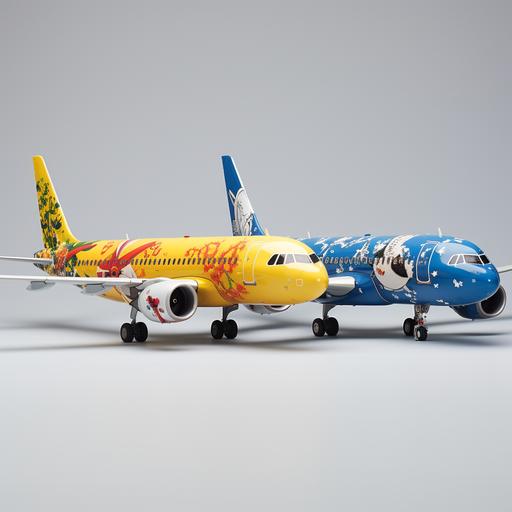 A320 aircraft as prototype, incorporating winter resistant flower elements in yellow, red, and blue cartoon character figurines in three views, Realistic