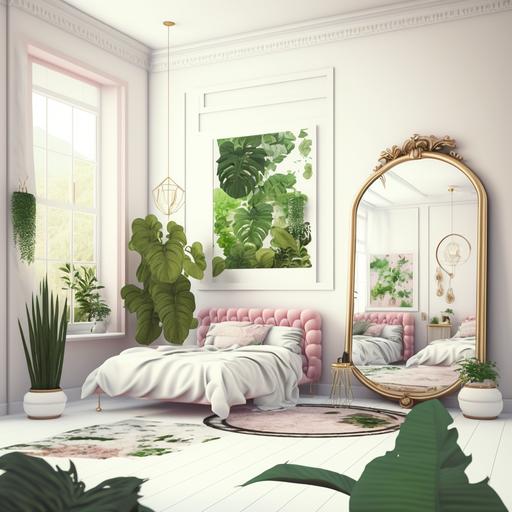 indoor bedroom, white walls, girly bed, wide window, girly big painting, fure rug, pinky and white furniture, sunlight, big golden mirror, green plants, roses, 3d max reality, reality, v 4, q 4