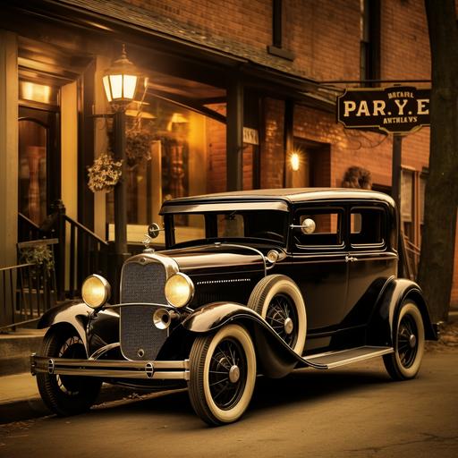ACreate a sepia-toned photograph-style image of a 1920s gangster getaway car parked outside a historic speakeasy in the spirit of old-time crime photography, showcasing the Prohibition