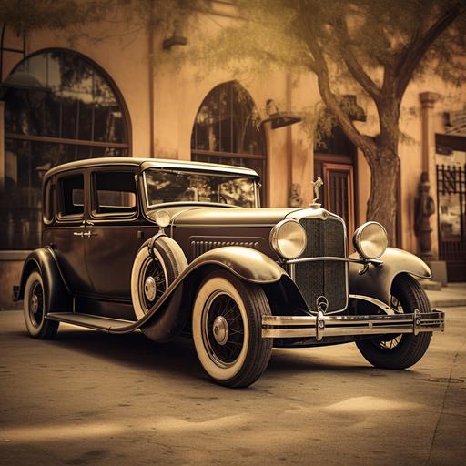 ACreate a sepia-toned photograph-style image of a 1920s gangster getaway car parked outside a historic speakeasy in the spirit of old-time crime photography, showcasing the Prohibition