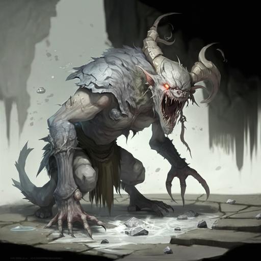 Sobbing uncontrollably, this gray-skinned creature possesses thin legs ending in black cloven hooves, as well as a ferocious, manic grin. Its body is torn and scratched even down to the tip of its misshapen tail, while a patchwork sheet of dirty ice covers its body. Its tears sizzle violently as they hit the ground