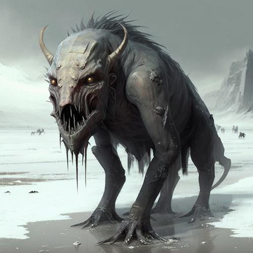 Sobbing uncontrollably, this gray-skinned creature possesses thin legs ending in black cloven hooves, as well as a ferocious, manic grin. Its body is torn and scratched even down to the tip of its misshapen tail, while a patchwork sheet of dirty ice covers its body. Its tears sizzle violently as they hit the ground.