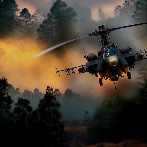 AH-64E Apache attacking in pine forest at dawn, photo realistic, sharp focus, atmospheric lighting, hdr --test --creative