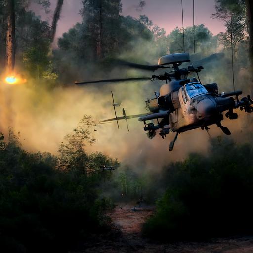 AH-64E Apache attacking in pine forest at dawn, photo realistic, sharp focus, atmospheric lighting, hdr --v 4