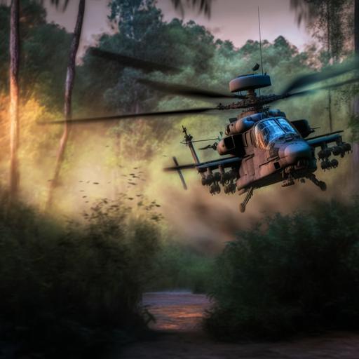 AH-64E Apache attacking in pine forest at dawn, photo realistic, sharp focus, atmospheric lighting, hdr --v 4