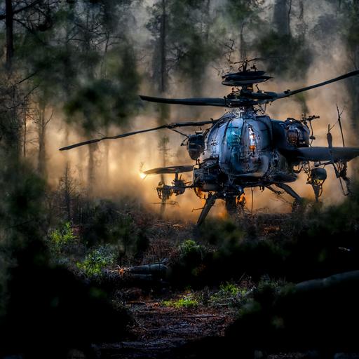 AH-64E Apache hiding in pine forest at twilight, photo realistic, sharp focus, atmospheric lighting, hdr --v 4