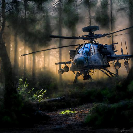 AH-64E Apache hiding in pine forest at twilight, photo realistic, sharp focus, atmospheric lighting, hdr --v 4