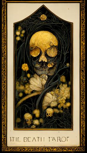 the death tarot card, art Nouveau in black and gold, intricate frame, detailed, dark --ar 9:16