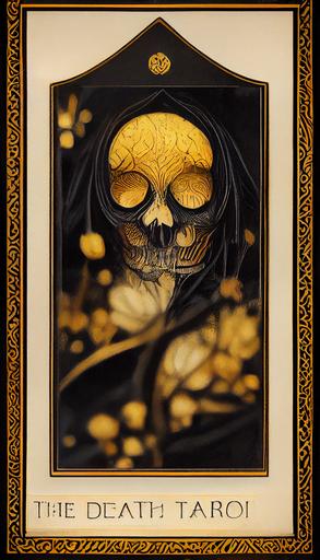 the death tarot card, art Nouveau in black and gold, intricate frame, detailed, dark --ar 9:16 --upbeta