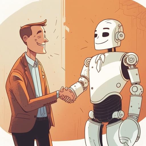 AI and human laughing together, shaking hands, fun, cartoon