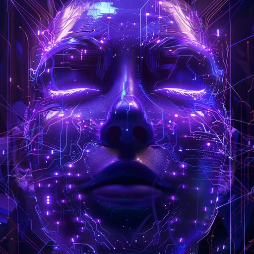 AI face circuits connectivity, cybersecurity, purple and blue overlay very futuristic and 3D