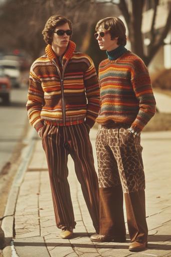 AI fashion: timeless fashion from the early 1970s, men's tear-away pants and ugly sweater --ar 2:3 --v 6.0 --style raw