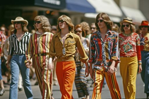 AI fashion: timeless fashion from the early 1970s, men's tear-away pants and ugly sweater --ar 3:2 --v 6.0 --style raw