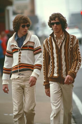 AI fashion: timeless fashion from the early 1970s, men's tear-away pants and ugly sweater --ar 2:3 --v 6.0 --style raw