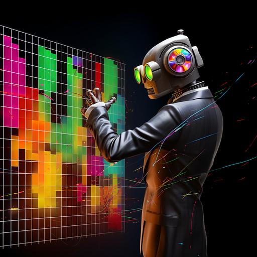 AN AI ROBOT WITH THE COLORS OF GOOGLE LOOKING AT A TRADING CHART GOING UP