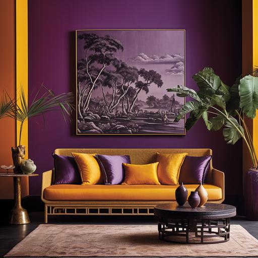 AN INDOCHINE LIVINGROOM WHICH WALL IS PAINTED IN PURPLE, THE SOFA IN MUSTARD YELLOW, REALISTIC