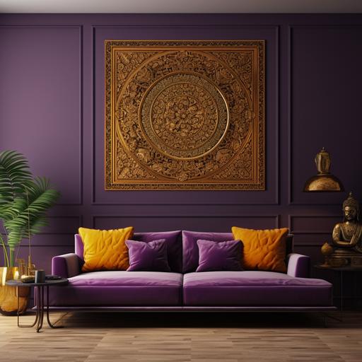 AN INDOCHINE STYLE LARGE LIVINGROOM WHICH WALL IS PAINTED IN PURPLE, THE SOFA IN MUSTARD YELLOW, EMPTY WALL DECORATED WITH PANEL WITH SOME GOLDEN DETAIL REALISTIC