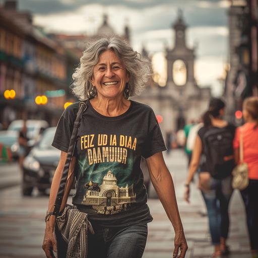 AN SMILING 40 YEARS OLD WOMAN WALKING ON A CITY WEARING A T-SHIRT THAT READS 