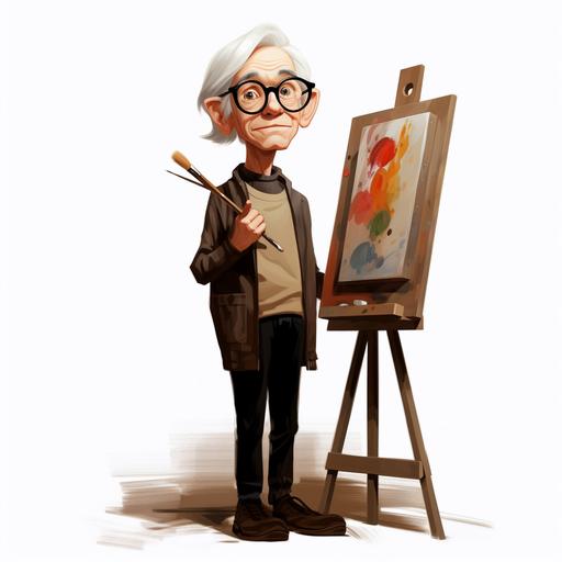 ANDY WARHOL paints a picture while standing, caricature pixar style, transparent background --v 5.2