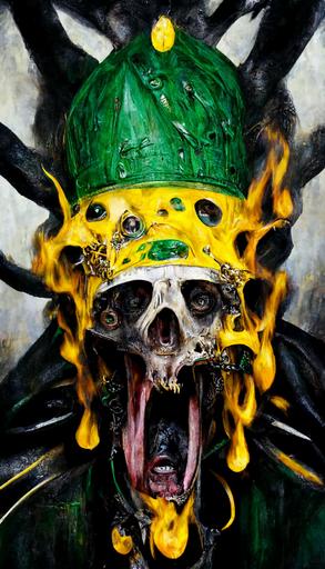 hyperrealistic screaming skull, 3 yellow eyes bulging, melting viscera dripping down, wearing metal papal hat with spikes, black robe twisting with scales, spikes and chains everywhere, green flames everywhere --ar 9:16