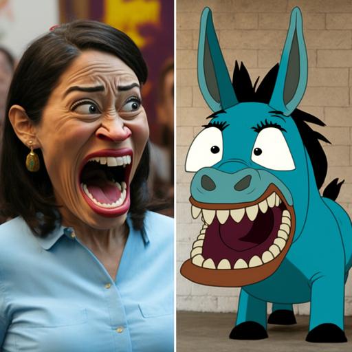 AOC as a cartoon donkey with huge teeth, Pixar style, 16k, --v 4