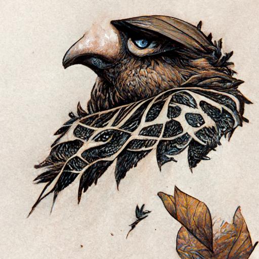 cartoon art, detailed, hawk, tattoo, hawk attack a man, hawk bigger than man, a hawk is covered by leaves