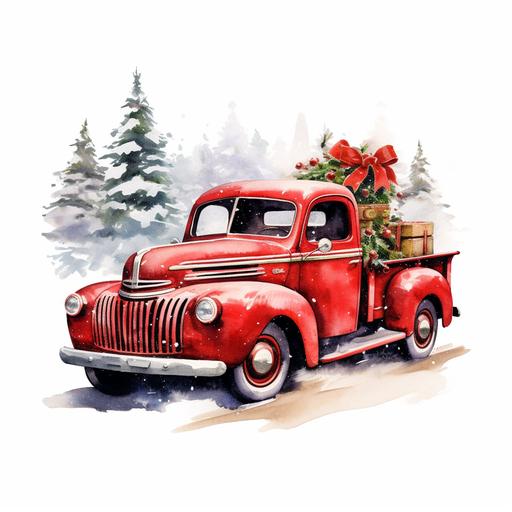 ART, A red color range with a vintage red Christmas pickup truck, with a Christmas decoration, Christmas ball and garland, with falling snow