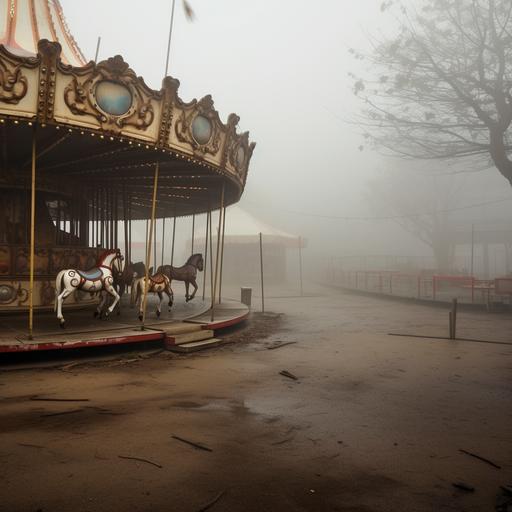 Abandoned 1950s amusement park with a merry-go-round with horses, surrounded by fairground booths. Foggy day. Wet floor. Hyper realistic. Wide shot. Angle lens. Great level of detail. Precise focus. High quality. TXAA. --s 10 --style raw