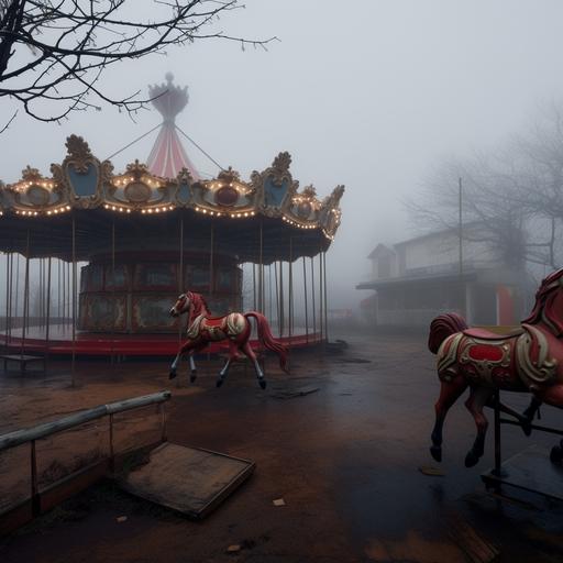 Abandoned 1950s amusement park with a merry-go-round with horses, surrounded by fairground booths. Foggy day. Wet floor. Hyper realistic. Wide shot. Angle lens. Great level of detail. Precise focus. High quality. TXAA. --s 10 --style raw