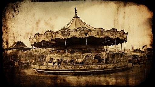Abandoned Carnival | by Origamint::0 A spine-tingling daguerreotype photograph of an abandoned carnival, its rusting rides and faded attractions casting eerie shadows against the dusk sky, the remnants of laughter and joy long gone, replaced by an unsettling atmosphere of decay and forgotten nightmares. --ar 16:9 --q 2 --v 5