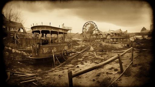 Abandoned Carnival | by Origamint::0 A spine-tingling daguerreotype photograph of an abandoned carnival, its rusting rides and faded attractions casting eerie shadows against the dusk sky, the remnants of laughter and joy long gone, replaced by an unsettling atmosphere of decay and forgotten nightmares. --ar 16:9 --q 2 --s 333 --v 5