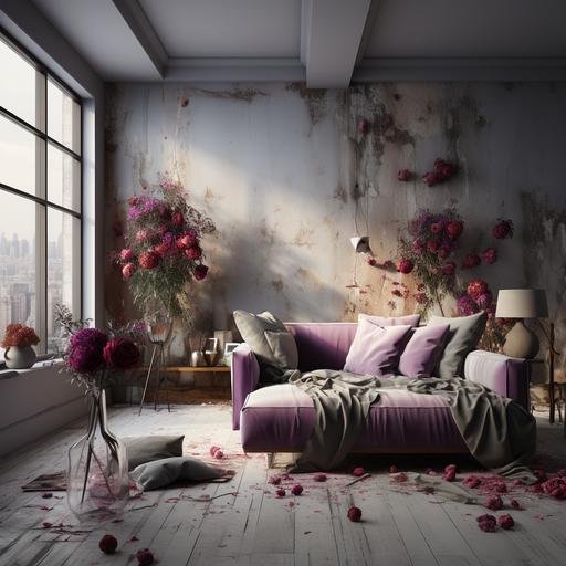 Abandoned living room from the 70s, heart balloons, red roses, Valentine's Day, magenta and purple balloons, gray dusty walls, do not use brown for the photo, photorealistic, natural features --s 750