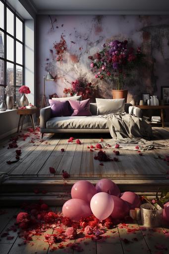 Abandoned living room from the 70s, heart balloons, red roses, Valentine's Day, magenta and purple balloons, gray dusty walls, do not use brown for the photo, photorealistic, natural features --s 750
