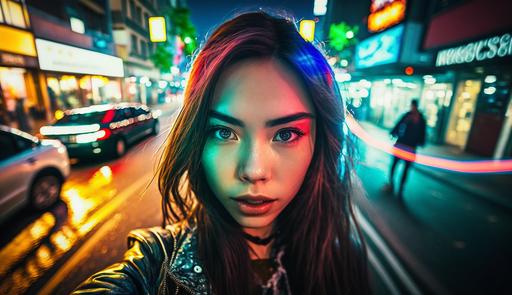 Hot Asian Girl in Tokyo, Nightshot, Neon Lights, Photography, Selfie, Fisheye Lens, Ultra Realistic, --ar 16:9