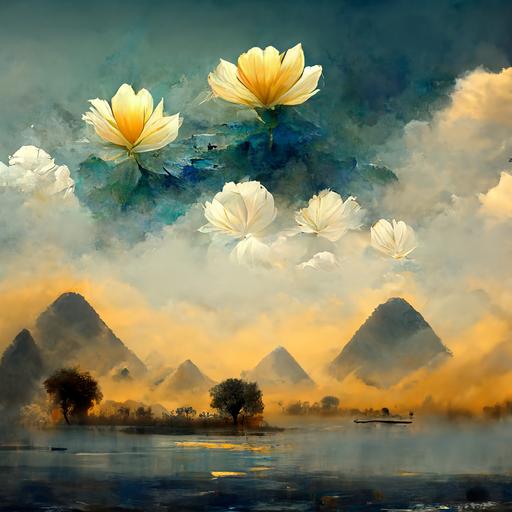sky Box, simple design, many Lotus Flowers, Mountains in fog, Egypt inviroment, very artistic, digital brushes painting, 8k