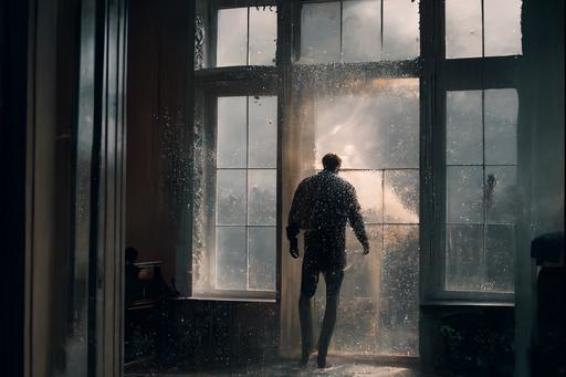 running rain drops on glass window, ukrainian solitude, silhouette of lonely man in a bombed apartment with large window , golden hour, ethereal scenic photography, in style of bruce weber, Tim walker, Hasselblad camera, 16k, unreal engine --ar 3:2 --v 4 --q 4