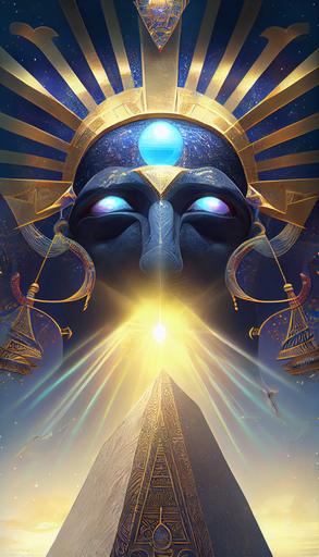 Abstract poster art, Monolith Egyptian God portrait, arch shaped crown, Eye of RA, giant Egyptian god superimpossed with galactic space, low angle shot, super vast perspective, photorealistic, immersive, symmetrical, sun filled background, stars & planets, connection with higher forces, art byJohn Berkey, Dragan Bibin,Juan Giménez, Wayne Barlowe, Juan Giménez, Richard Bizley, Gustave Doré artgerm, retro sci fi, cyberpunk, detailed and intricate, fine details, naturel full color, oil painting, realism, intense chiaroscuro, megapixel, ultra realistic, true photo realism, grain texture, intricate details, HD High-quality, highly detailed, HDR, ultra realistic, Dark ambient, Space Night with starry sky, Celestial, natural lighting, Twilight time, muted colors, true Mystical Revelation of the Egyptian Cosmic God, true photo realism, abstract and surreal, Baroque style, otherworldly, professional artwork, grain texture, gritty realism, high contrast, High-quality, highly detailed, HDR, ultra realistic, intricate details, high resolution, octane render, unreal engine 5, 8k, Ultra-HD --chaos 10 --ar 9:16 --niji --upbeta --v 4