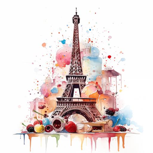 Abstract Eiffel Tower in Paris with croissant, pastries, coffee, candy, chocolate, berries, ice cream, whipped cream, displayed in a minimalistic modern watercolor painting.