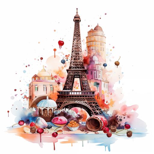 Abstract Eiffel Tower in Paris with croissant, pastries, coffee, candy, chocolate, berries, ice cream, whipped cream, displayed in a minimalistic modern watercolor painting.