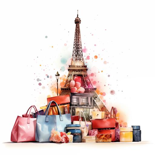Abstract Eiffel Tower in Paris with shopping bags, pastries, coffee, candy, chocolate, berries, ice cream, whipped cream, displayed in a minimalistic modern watercolor collage.