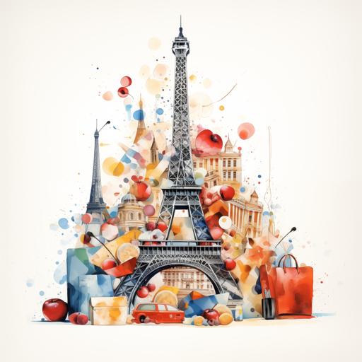 Abstract Eiffel Tower in Paris with shopping bags, pastries, coffee, candy, chocolate, berries, ice cream, whipped cream, displayed in a minimalistic modern watercolor collage.