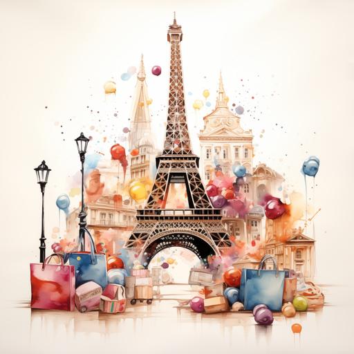 Abstract Eiffel Tower in Paris with shopping bags, pastries, coffee, candy, chocolate, berries, ice cream, whipped cream, displayed in a minimalistic modern watercolor painting.