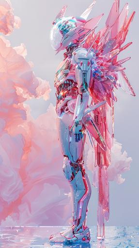 Abstract symmetrical representation of a futuristic valkyrie warrior, with cybernetic enhancements. pinks, electric blues, and metallic greys --s 450 --ar 9:16 --v 6.0