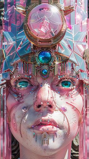 Abstract symmetrical representation of a futuristic valkyrie warrior, with cybernetic enhancements. pinks, electric blues, and metallic greys --s 450 --ar 9:16 --v 6.0